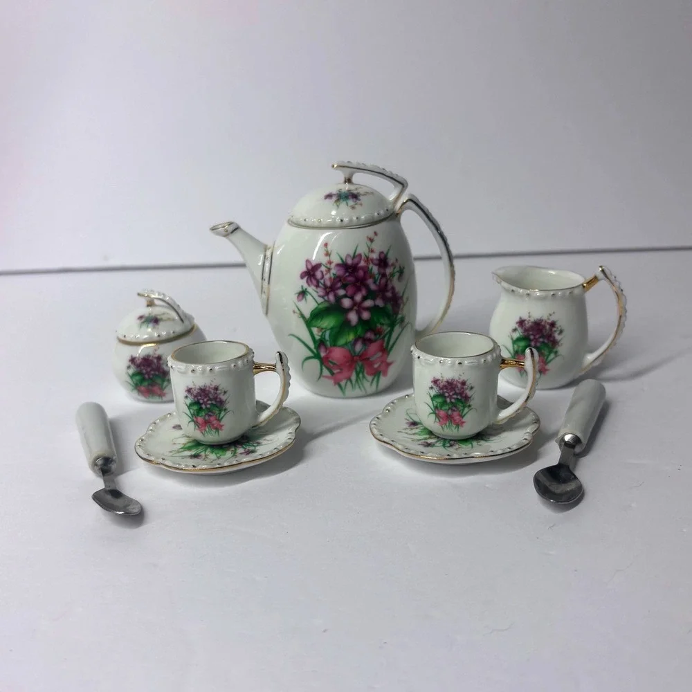 Miniature Porcelain Tea Set 11pc Purple Floral Gold Trim Teapot Cups Spoons